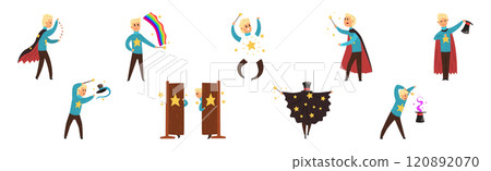 Man Magician Character Show Trick and Magic Vector Set Man Magician Character Show Trick and Magic Vector Set 120892070