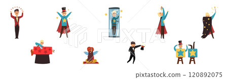 Man Magician Character Show Trick and Magic Vector Set 120892075