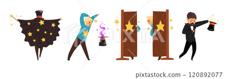 Man Magician Character Show Trick and Magic Vector Set 120892077