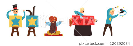Man Magician Character Show Trick and Magic Vector Set 120892084