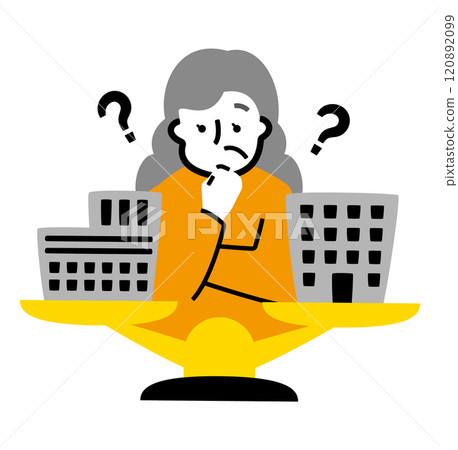 An illustration about money in which a senior woman who invests in real estate and stocks is weighing the options 120892099