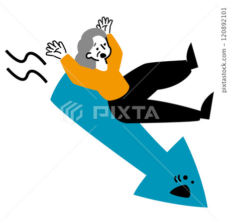 風險和稀缺性導致的投資失敗:一位高級女性人物和代表業務下滑的股價下跌箭頭的插圖 風險和稀缺性導致的投資失敗:一位高級女性人物和代表業務下滑的股價下跌箭頭的插圖 120892101