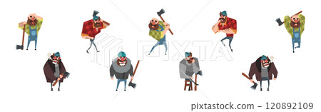 Man Lumberjack Character with Axe Chopping Wood Vector Set 120892109