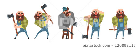Man Lumberjack Character with Axe Chopping Wood Vector Set 120892115
