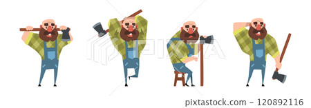 Man Lumberjack Character with Axe Chopping Wood Vector Set Man Lumberjack Character with Axe Chopping Wood Vector Set 120892116