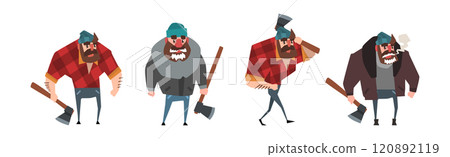 Man Lumberjack Character with Axe Chopping Wood Vector Set 120892119
