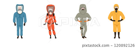Man and Woman Wearing Protective Costume and Hazmat Suit Vector Set 120892126