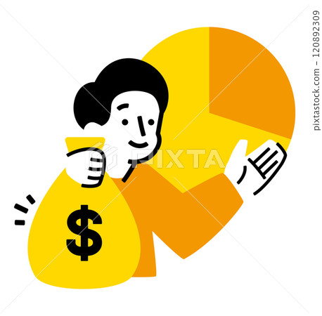Male investor's use of NISA: Illustration of stocks and investment trusts shown with dollars and pie charts_A man holding a bag of money 120892309