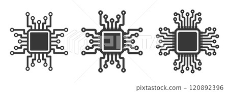 AI, CPU, GPU microchip icon set, Machine learning micro chip symbol, ML icon, Artificial intelligence sign. Vector illustration image. Isolated on white background. 120892396