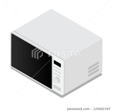 Modern kitchen microwave for heating and cooking food, top view at an angle. Isometric vector isolated on white background Modern kitchen microwave for heating and cooking food, top view at an angle. Isometric vector isolated on white background 120892397