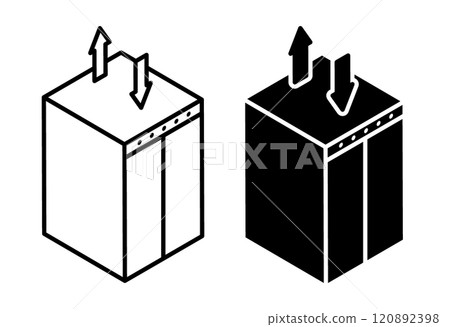 Linear icon, modern elevator with closed doors and arrows indicating up and down direction. Simple black and white vector isolated on white background Linear icon, modern elevator with closed doors and arrows indicating up and down direction. Simple black and white vector isolated on white background 120892398