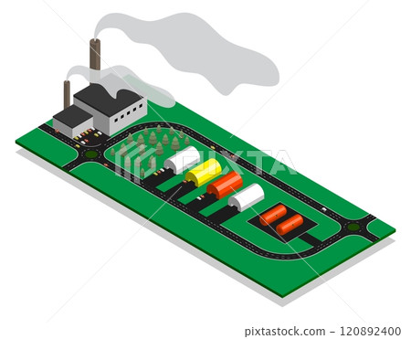 Model of modern factory for production, processing and storage of industrial goods. Organization of production buildings on manufactory territory. Isometric 3D vector isolated on white background Model of modern factory for production, processing and storage of industrial goods. Organization of production buildings on manufactory territory. Isometric 3D vector isolated on white background 120892400
