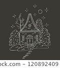 Christmas card with cute winter house with fir trees and snowdrifts. Sketch illustration on gray background 120892409