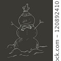 Line drawing of a snowman in a hat and scarf, with a chicken on his head. Design of cards for Christmas and New Year. 120892410