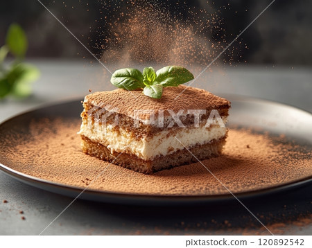 Delicious dessert featuring a slice of tiramisu, garnished with mint leaves, on a black plate with cocoa powder dusting, set against a blurred background. 120892542