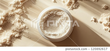Close-up of a cosmetics container filled with a light powder, surrounded by scattered powder on a soft beige background, creating a serene beauty vibe. 120892617
