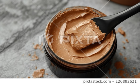 Creamy chocolate spread in an open jar with a spatula, showcasing a smooth texture. Ideal for illustrating dessert recipes or indulgent treats. 120892621