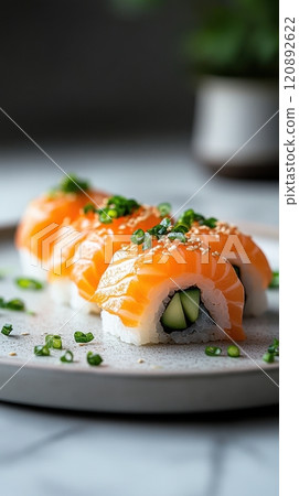 Delectable sushi roll featuring fresh salmon and cucumber, garnished with green onions on a neutral plate, perfect for culinary presentations and food photography. 120892622