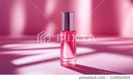 Stylish pink bottle of nail polish placed on a pink background with elegant shadows, perfect for beauty and fashion themes. 120892669