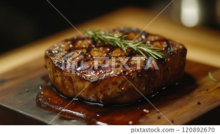 Succulent grilled steak with a perfect sear, garnished with rosemary, served on a rustic wooden board, showcasing rich marbling and mouthwatering glaze. 120892670
