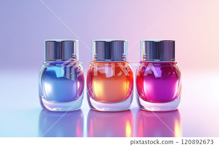 Three vibrant glass jars filled with colorful liquids, reflecting light beautifully. A captivating arrangement showcasing a blend of colors against a soft gradient background. Three vibrant glass jars filled with colorful liquids, reflecting light beautifully. A captivating arrangement showcasing a blend of colors against a soft gradient background. 120892673