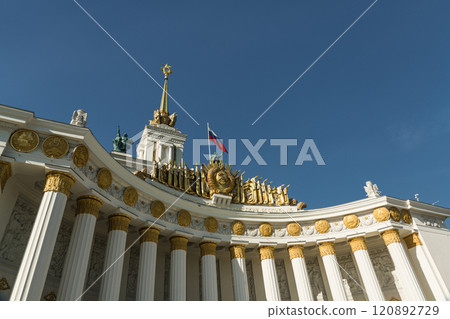 VDNH in Moscow. Building with columns with gold decoration VDNH in Moscow. Building with columns with gold decoration 120892729