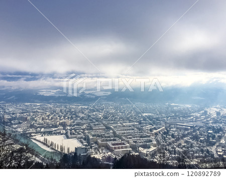 Austria during the winter morning, with snow and mountains at the background. High quality photo 120892789