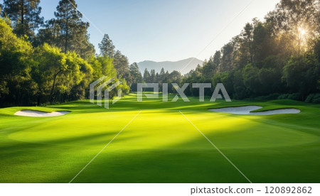 A beautiful golf course with lush green fairways, surrounded by tall trees and mountains. Ideal for golfers seeking relaxation and scenic views in a natural setting. 120892862