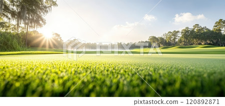 A picturesque golf course with lush green grass, framed by trees under a bright blue sky. The sunlight creates a warm, inviting atmosphere, perfect for a day of golfing. 120892871
