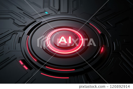 Close-up of a futuristic black and red button with 'AI' illuminated, surrounded by circuit-like designs, symbolizing advancement in artificial intelligence and technology. 120892914