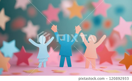 Three colorful paper cut-out figures celebrating together with raised hands amidst a backdrop of scattered stars, conveying joy and unity. 120892933