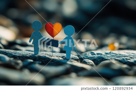 Two paper figures exchanging a gift symbolized by a heart on a textured surface, representing love, connection, and togetherness in a creative setting. 120892934