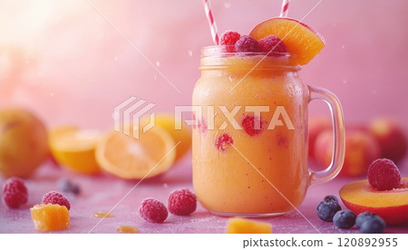 Refreshing fruit smoothie in a mason jar, topped with fresh berries and orange slices, against a soft pastel background. 120892955
