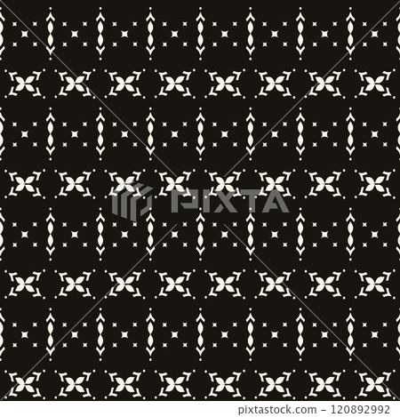 Simple minimalist floral pattern. Minimal seamless texture with small flower shapes. Abstract black and white geometric background. For print, package 120892992