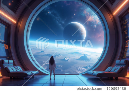 Futuristic space station with panoramic view of alien planet, serene and high-tech interior 120893486