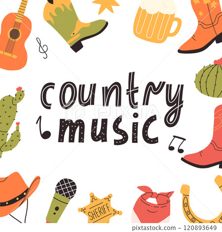 Country music concept. Lettering country music in hand drawn style with guitar. Vector illustration. Country music concept. Lettering country music in hand drawn style with guitar. Vector illustration. 120893649