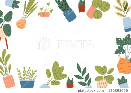 Template with indoor plants and empty space for text. Vector illustration in flat style. Template with text box and house plants. 120893656