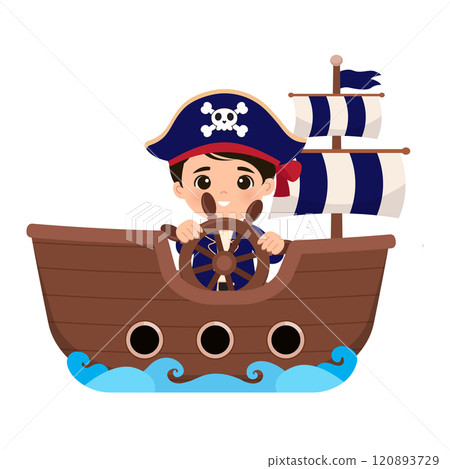 Cute pirate boy sailing on a boat Cute pirate boy sailing on a boat 120893729