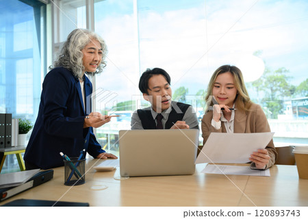 Confident senior businesswoman addressing her team during meeting in modern office 120893743