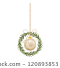 Minimalist vector illustration of a rosemary wreath with a gold bauble on a string, symbolizing eco-friendly Christmas decor for sustainable celebrations, combining natural, elegant festive elements. 120893853