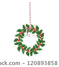 Vector illustration of a holly wreath with green leaves, red berries, and a striped hanging ribbon. Perfect for eco-friendly, sustainable celebrations and zero-waste Christmas decor 120893858