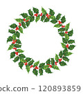 Vector illustration of a Christmas holly wreath with green leaves and red berries. Perfect for eco-friendly, sustainable celebrations and zero-waste holiday decor with a minimalist touch 120893859