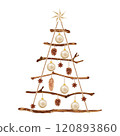 Vector illustration of an eco-friendly Christmas tree crafted from wooden branches, rope, and natural ornaments like pinecones and stars. Ideal for sustainable celebrations, zero-waste decor. 120893860