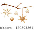 Vector illustration of eco-friendly Vector illustration of eco-friendly Christmas decorations featuring a wooden branch with hanging paper stars and gold ornaments on strings, emphasizing a minimalist 120893861