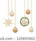 Vector illustration of eco-friendly Christmas decorations, featuring gold and beige ornaments, a paper star, and a rosemary wreath, all hanging on minimalist strings, isolated on a white background. 120893862