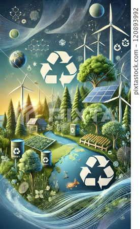 A bright sunny day, symbols of sustainability and ecology, including recycling, solar panels, and green areas, highlight an eco-friendly lifestyle. 120893992