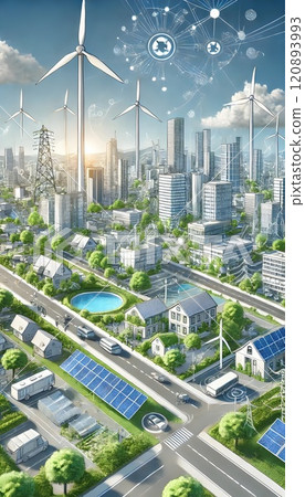 A bright sunny day, symbols of sustainability and ecology, including recycling, solar panels, and green areas, highlight an eco-friendly lifestyle. 120893993