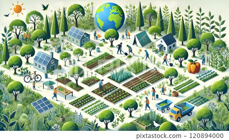 A bright sunny day, symbols of sustainability and ecology, including recycling, solar panels, and green areas, highlight an eco-friendly lifestyle. 120894000