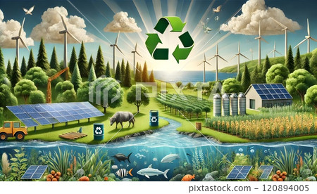 A bright sunny day, symbols of sustainability and ecology, including recycling, solar panels, and green areas, highlight an eco-friendly lifestyle. 120894005