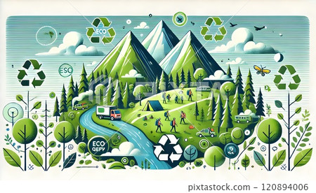 A bright sunny day, symbols of sustainability and ecology, including recycling, solar panels, and green areas, highlight an eco-friendly lifestyle. 120894006